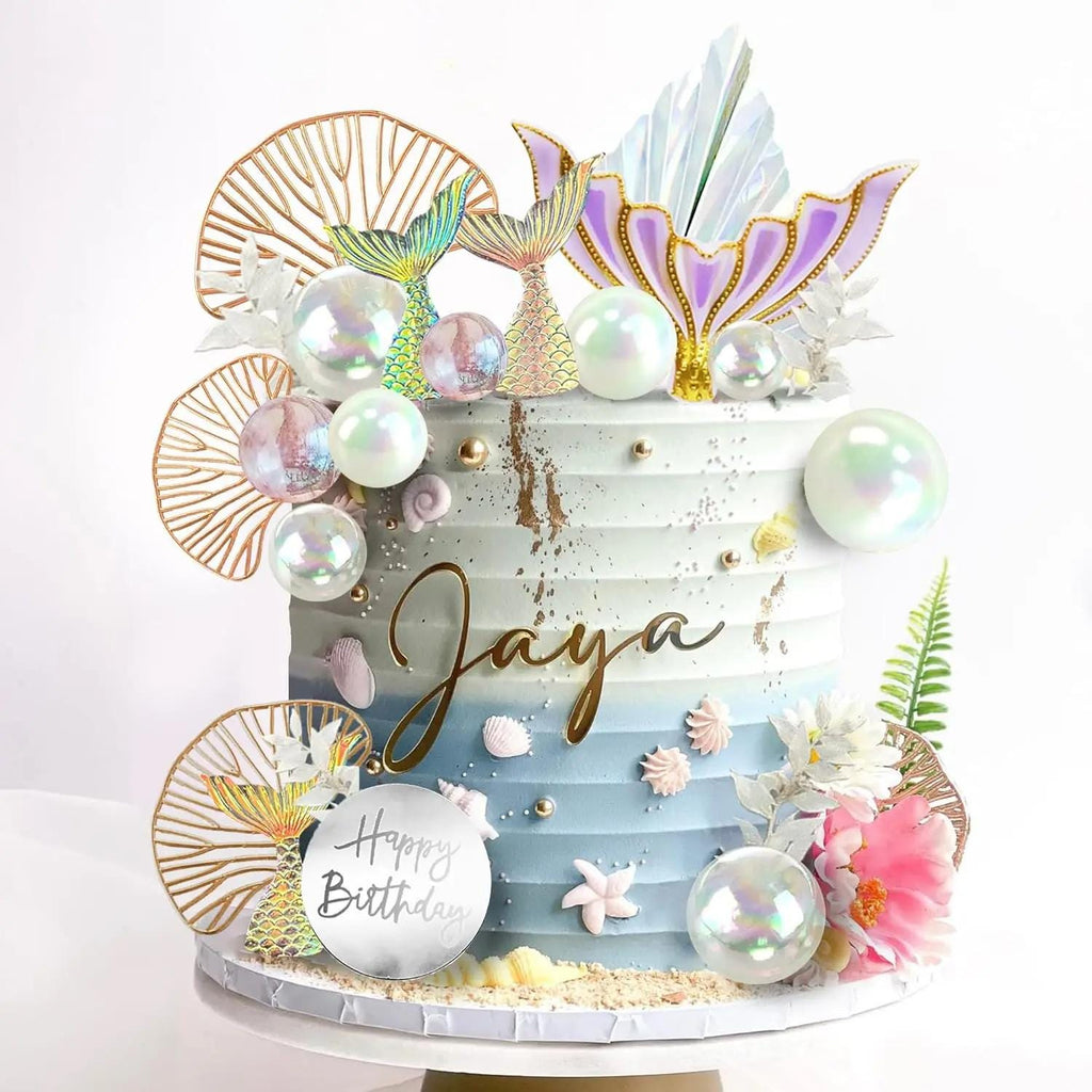 26- Piece Mermaid Cake Topper Set, Under the Sea Party Decorations, Ocean Theme Tail & Gold Leaves