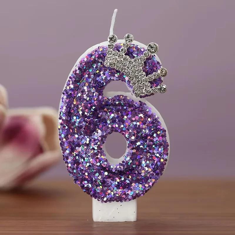 Purple Birthday Candle With Silver Crown Tiara | Glitter Number Cake Topper for Girls
