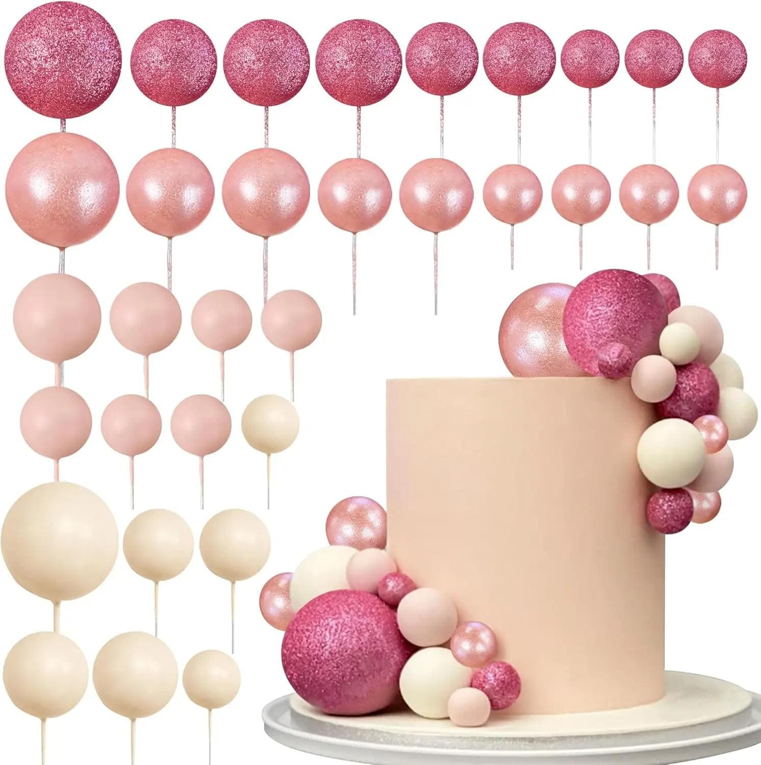 32-piece Glittery Pink Ball Cake Topper Set | First Birthday, Wedding, Bachelorette Party
