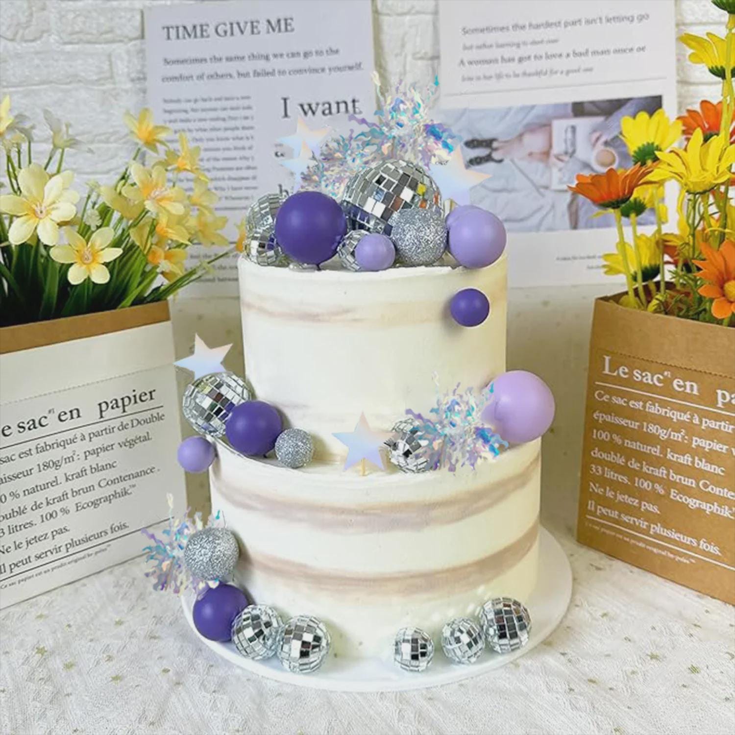 39-Piece Kpop Purple Disco Silver Ball Cake Toppers| Disco Party Decorations
