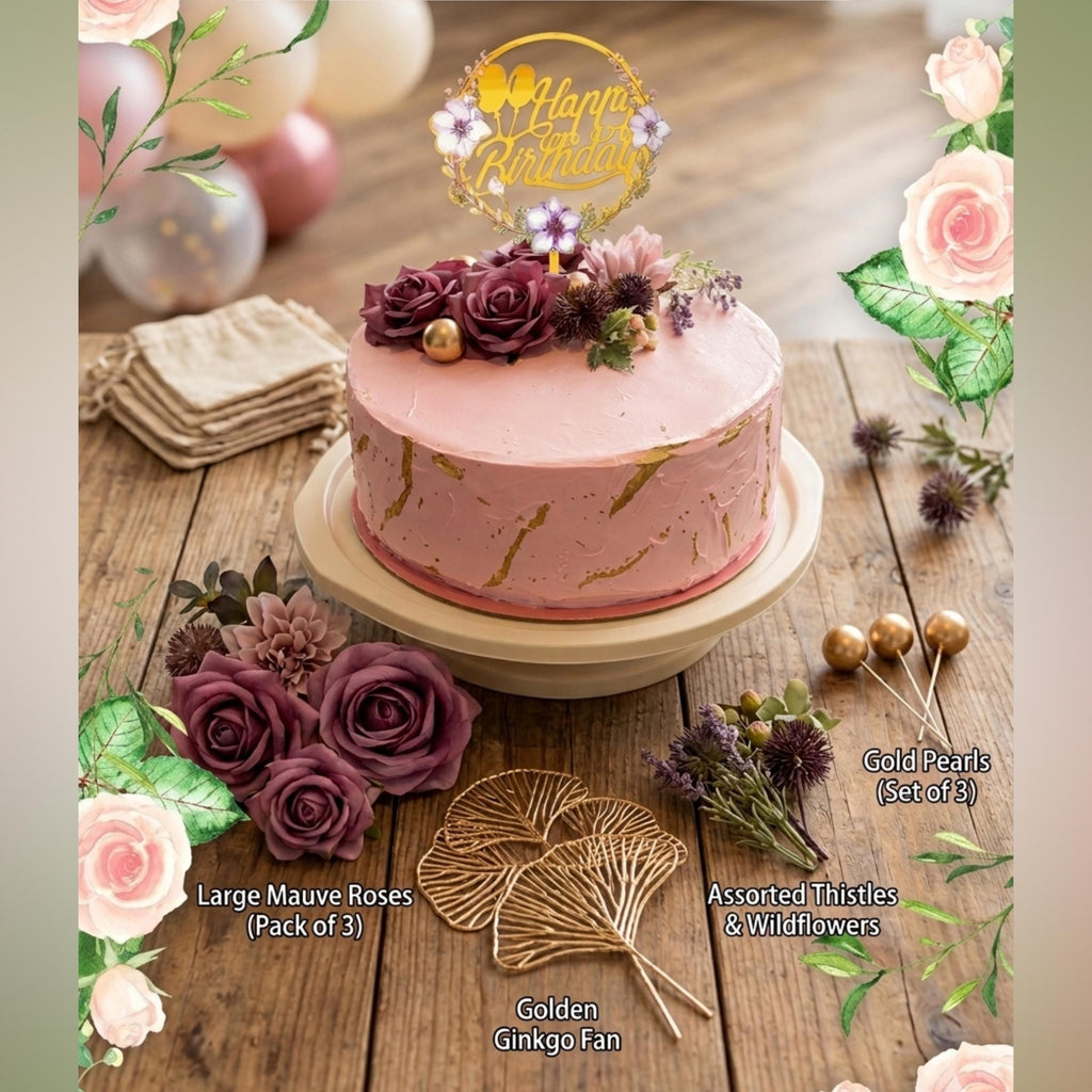 12-Piece Mauve Rose Flower Cake Topper Set, Dusty Pink Floral Birthday Decorations