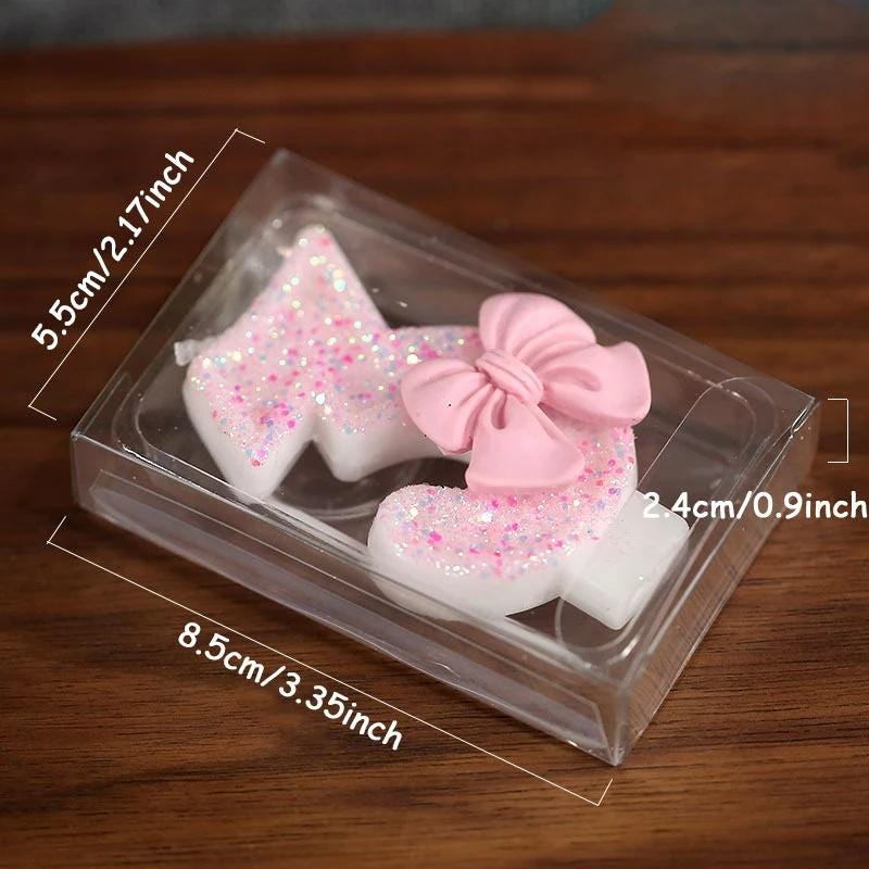 Pink Bow Coquette Number Birthday Candle, Glitter Sparkle Party Decor Cake Topper