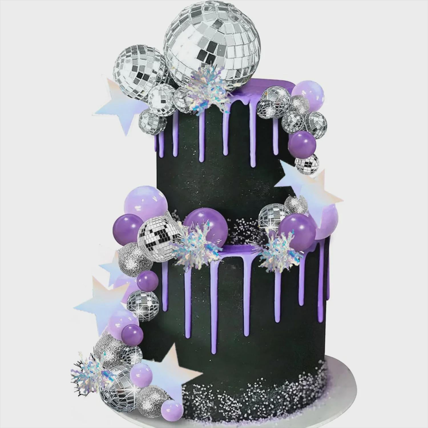 39-Piece Kpop Purple Disco Silver Ball Cake Toppers| Disco Party Decorations