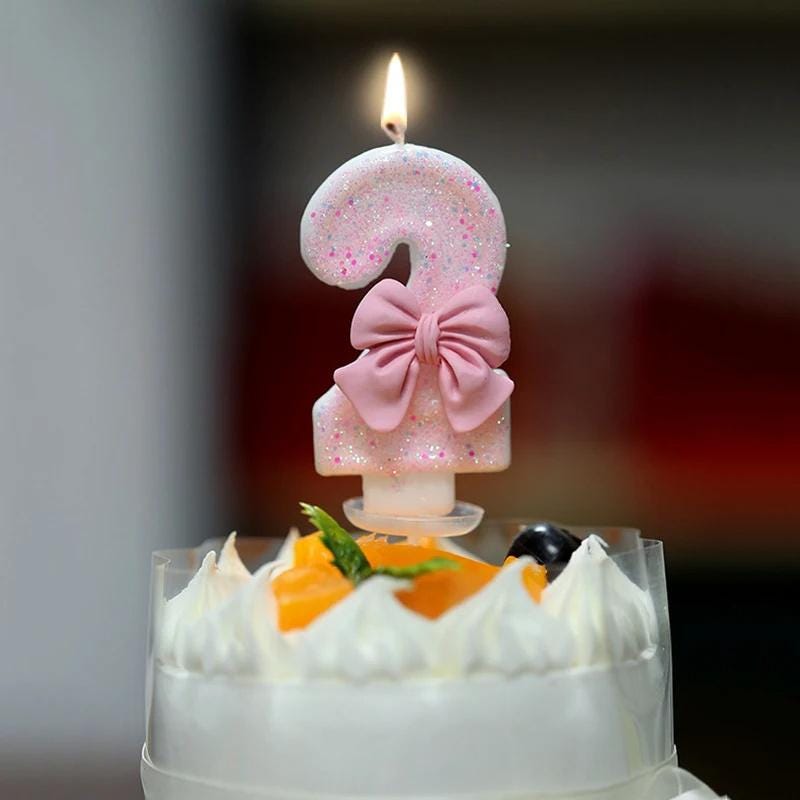 Pink Bow Coquette Number Birthday Candle, Glitter Sparkle Party Decor Cake Topper