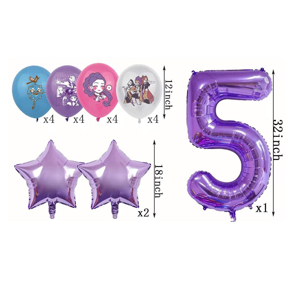 19-Piece K-Pop Anime Birthday Balloon Set 19pc | Purple Number & Star Balloons