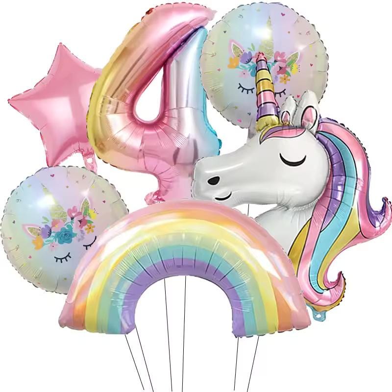 6-Piece Rainbow Unicorn Number Balloon Set: Princess Birthday Party Decor