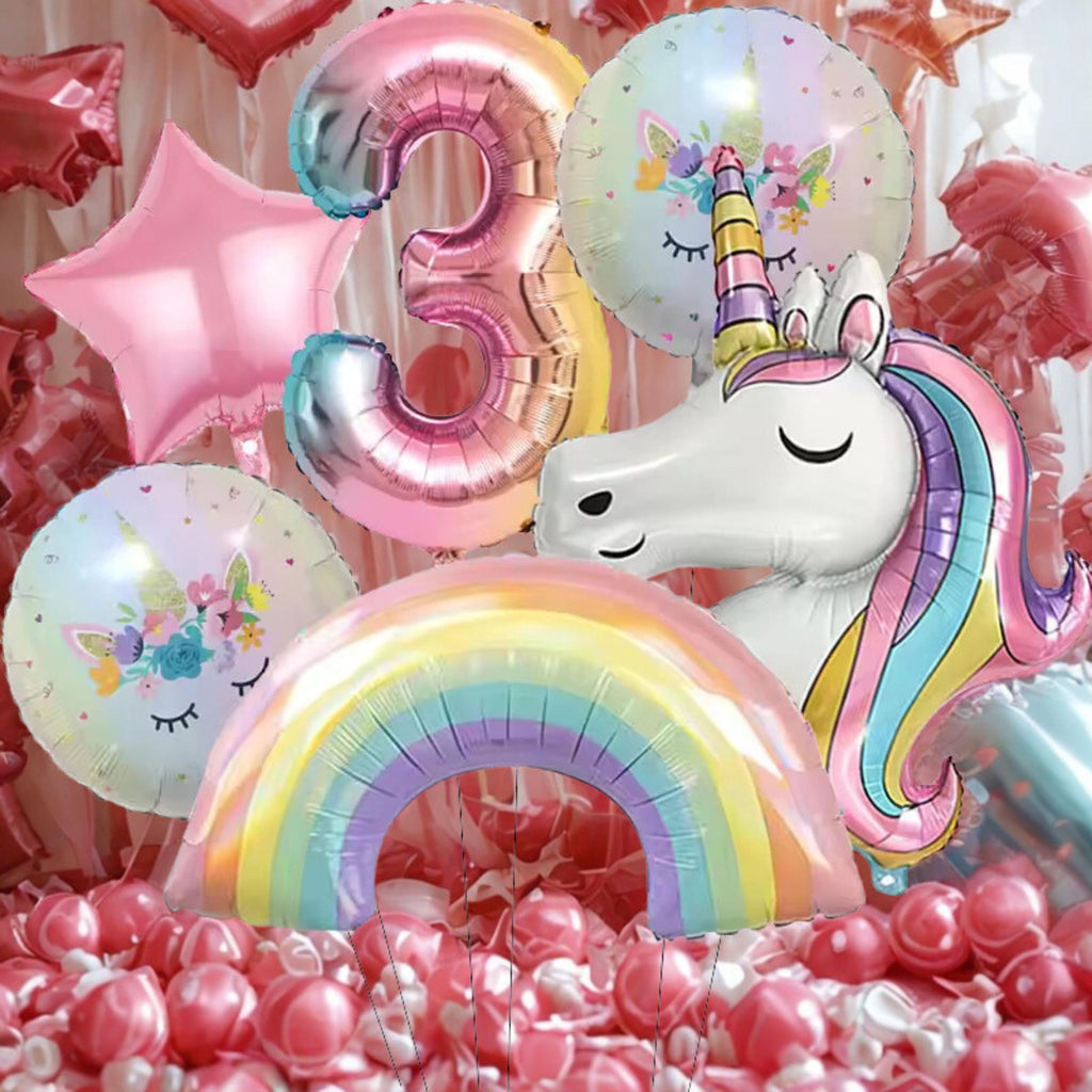 6-Piece Rainbow Unicorn Number Balloon Set: Princess Birthday Party Decor