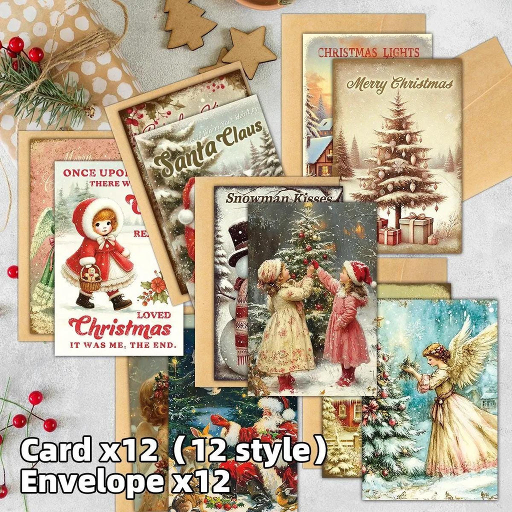 12 Pack Vintage Christmas Cards with Envelope: Retro Holiday Card Set