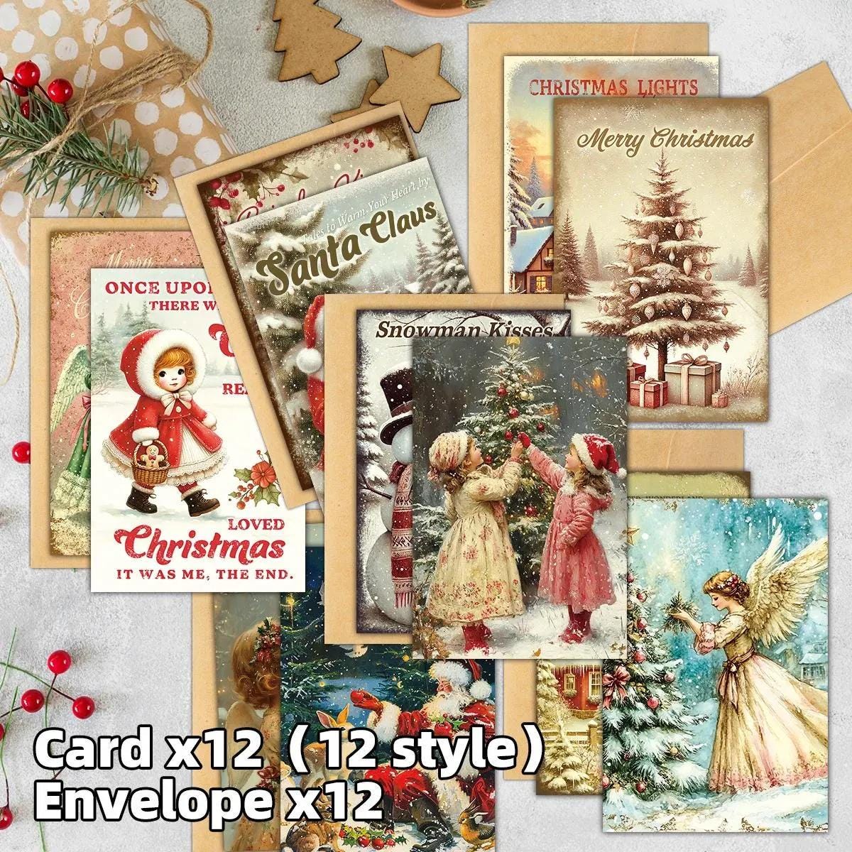 12 Pack Vintage Christmas Cards with Envelope: Retro Holiday Card Set