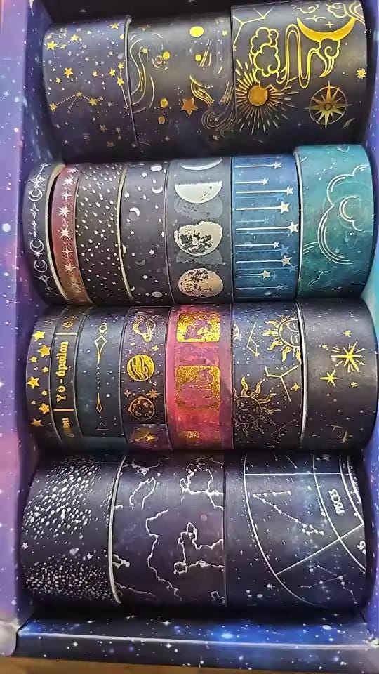 20-Rolls Zodiac Universe Washi Tape Set | Gold Foil Moon & Stars for Planners Packaging