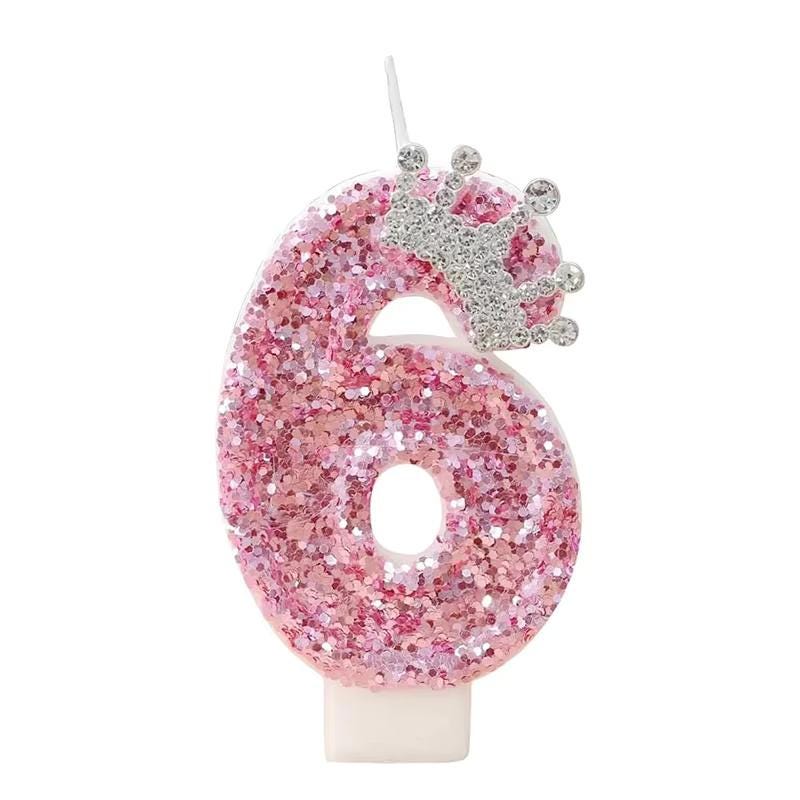 Pink Princess Birthday Candle With Silver Crown Tiara | Glitter Number Cake Topper for Girls