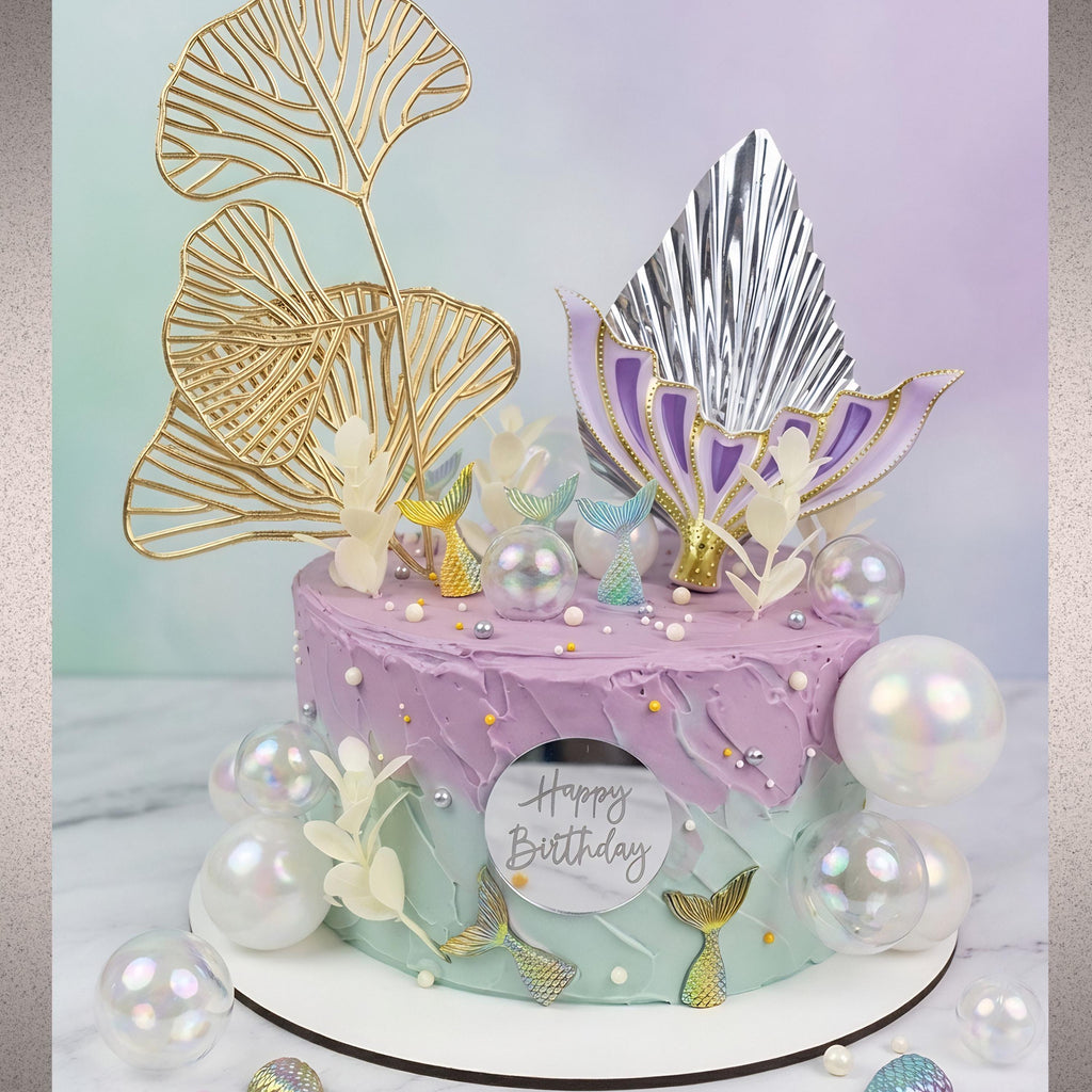 26- Piece Mermaid Cake Topper Set, Under the Sea Party Decorations, Ocean Theme Tail & Gold Leaves