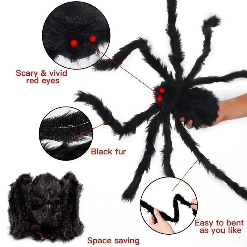 Giant Furry Spider Decoration, Black with Red Eyes, Halloween Prop