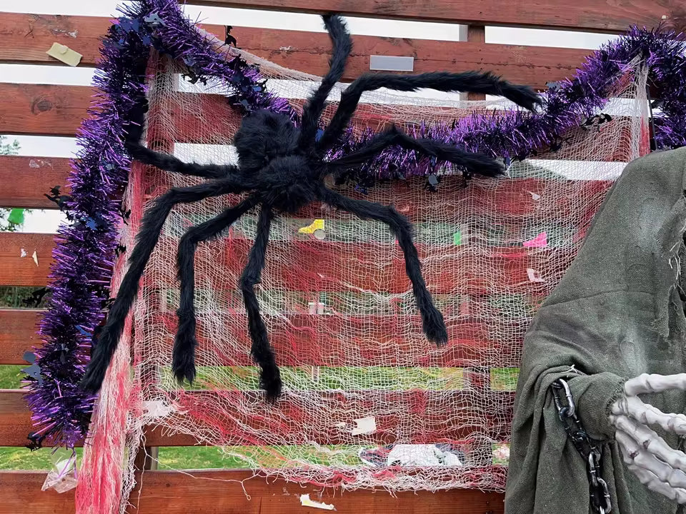 Giant Furry Spider Decoration, Black with Red Eyes, Halloween Prop