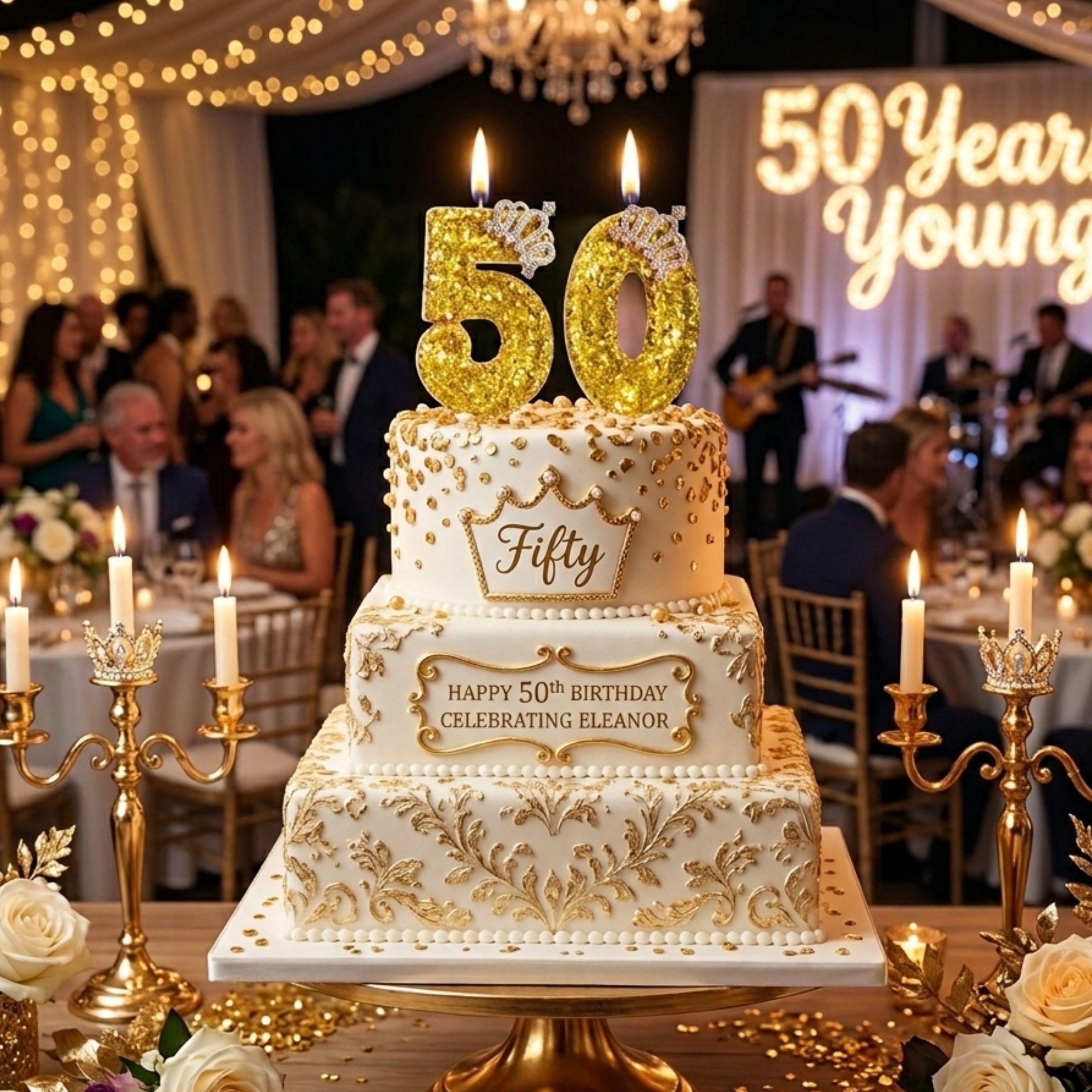 Gold Glitter Number Candle | Royal Crown Cake Topper for 50th Birthday