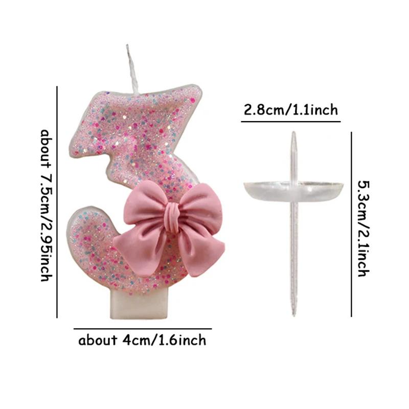 Pink Bow Coquette Number Birthday Candle, Glitter Sparkle Party Decor Cake Topper