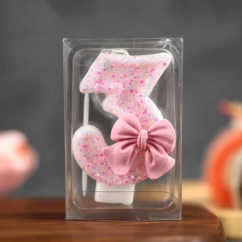 Pink Bow Coquette Number Birthday Candle, Glitter Sparkle Party Decor Cake Topper
