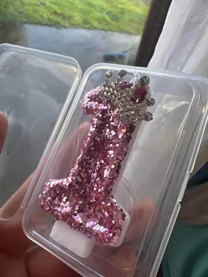 Pink Princess Birthday Candle With Silver Crown Tiara | Glitter Number Cake Topper for Girls