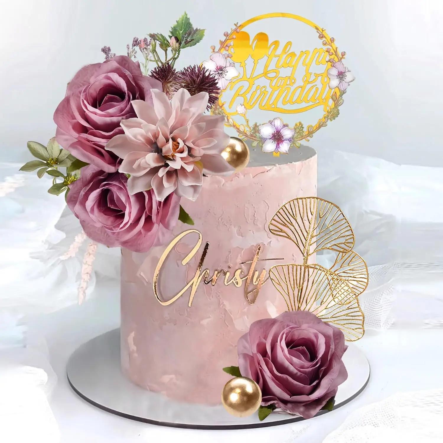 12-Piece Mauve Rose Flower Cake Topper Set, Dusty Pink Floral Birthday Decorations