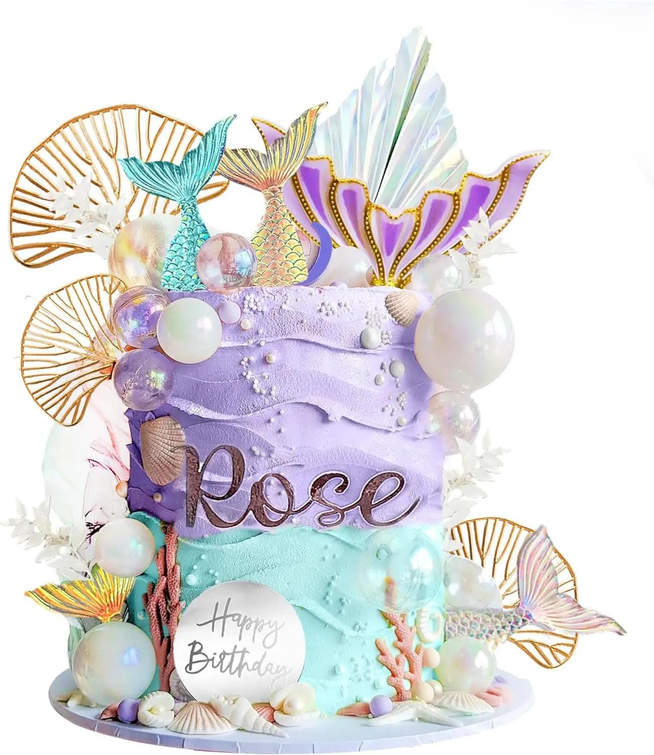 26- Piece Mermaid Cake Topper Set, Under the Sea Party Decorations, Ocean Theme Tail & Gold Leaves