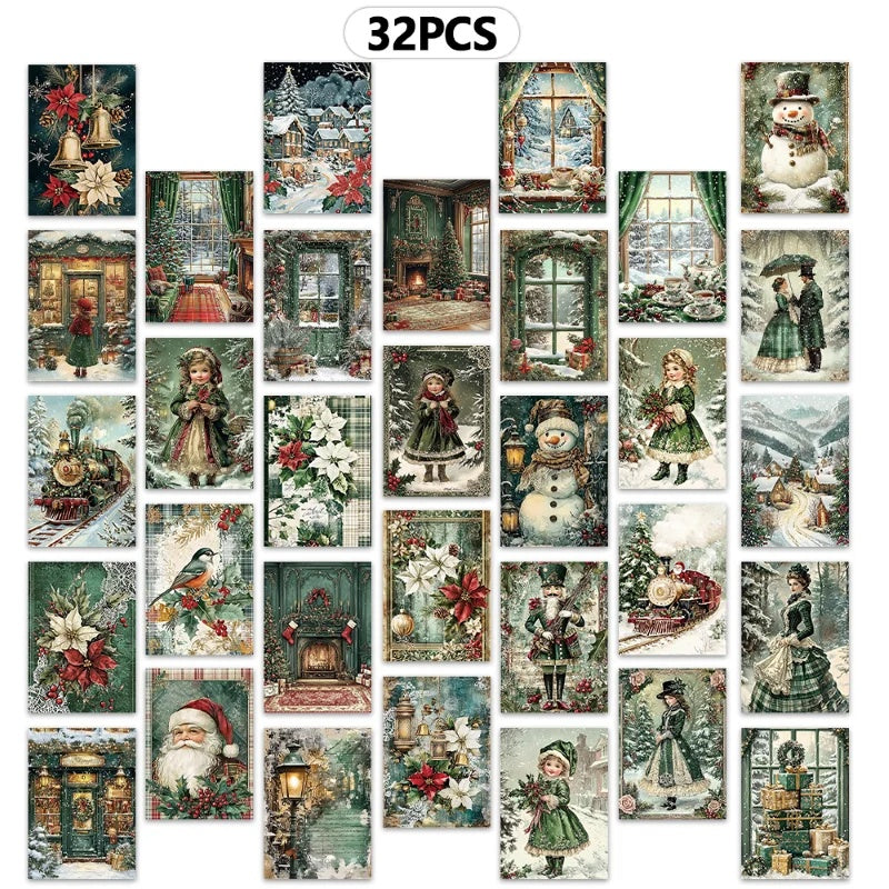 32pc Retro Christmas Postcards Bulk Set, Victorian Holiday Greeting Cards