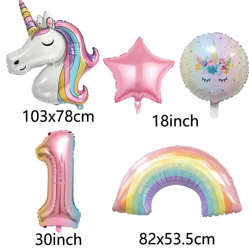 6-Piece Rainbow Unicorn Number Balloon Set: Princess Birthday Party Decor