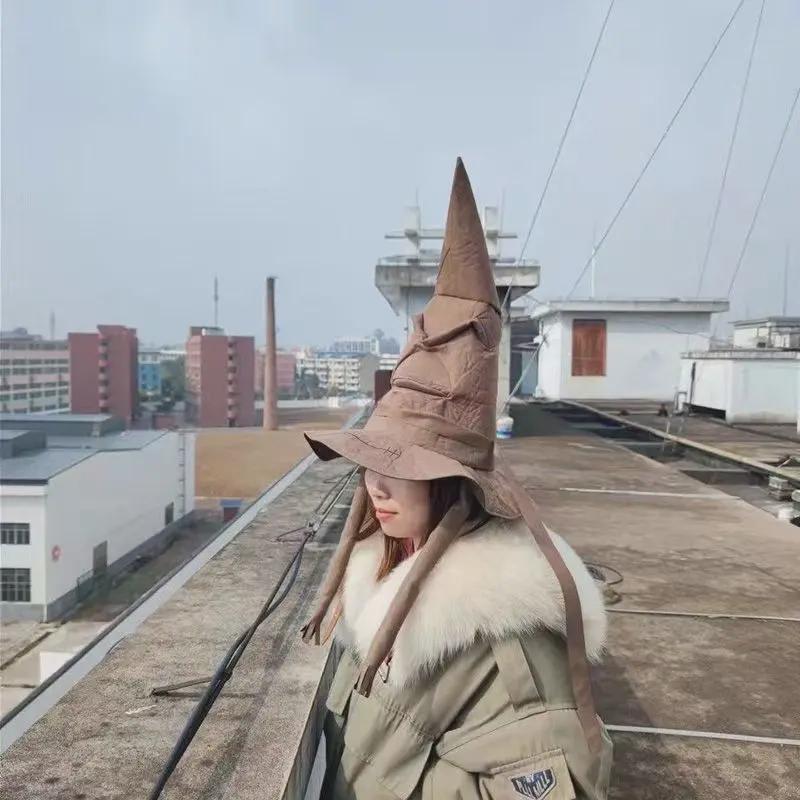Distressed Brown Wizard Witch Hat, Pointed Warlock Halloween Decor
