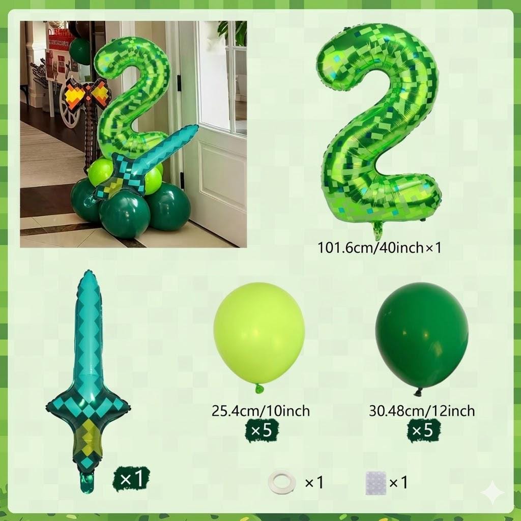Green Pixel Number Balloon Set, Gamer Birthday Party Decorations