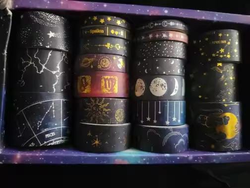 20-Rolls Zodiac Universe Washi Tape Set | Gold Foil Moon & Stars for Planners Packaging