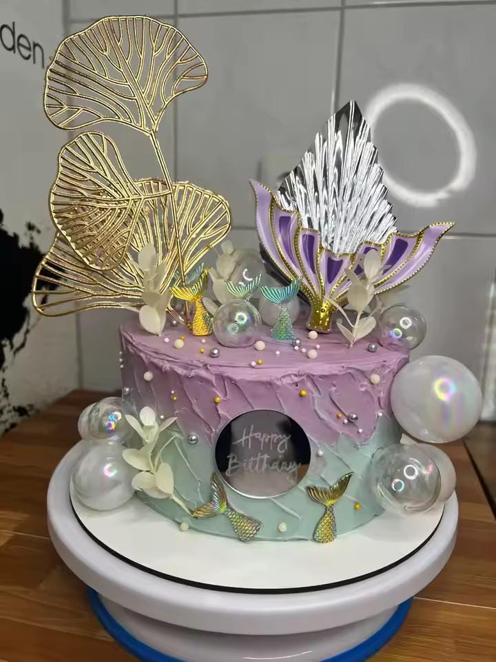 26- Piece Mermaid Cake Topper Set, Under the Sea Party Decorations, Ocean Theme Tail & Gold Leaves