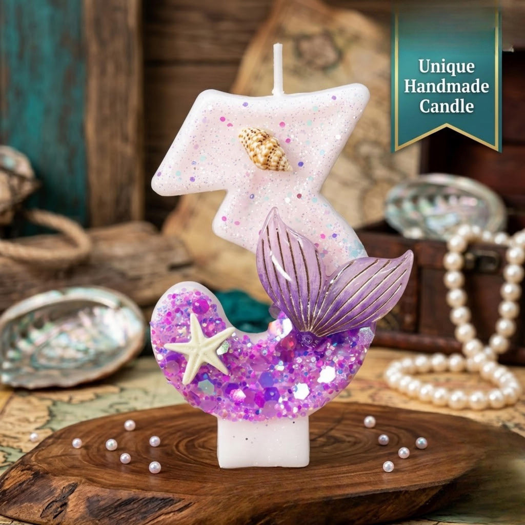 Mermaid Under the Sea Cake Topper Candle | Glitter Number, Ocean Theme