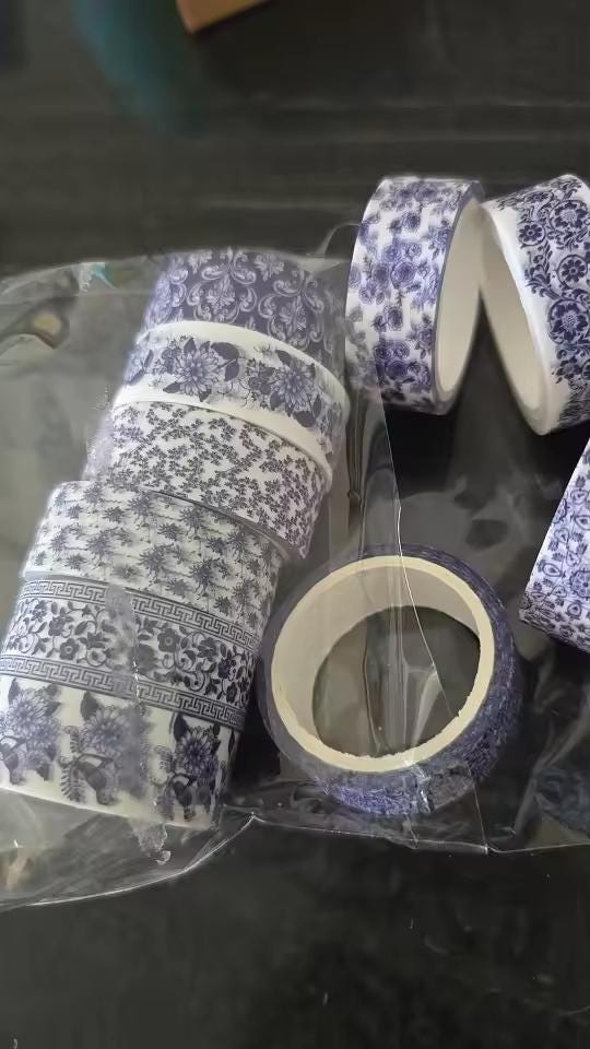 12pc Blue and White Washi Tape Set | Chinoiserie Pattern Decorative Adhesive for Journaling & Scrapbooking