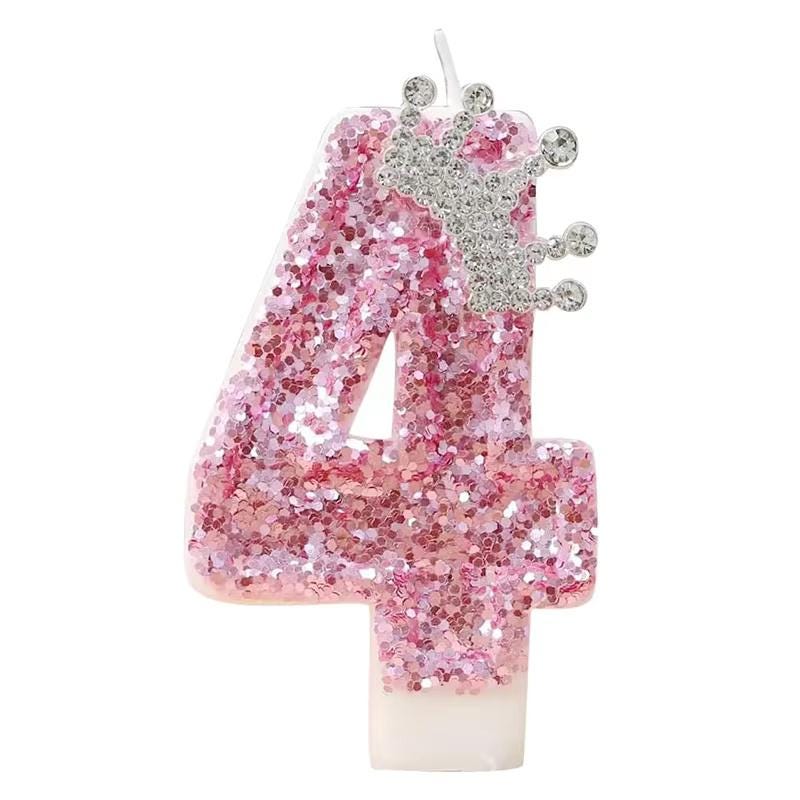 Pink Princess Birthday Candle With Silver Crown Tiara | Glitter Number Cake Topper for Girls