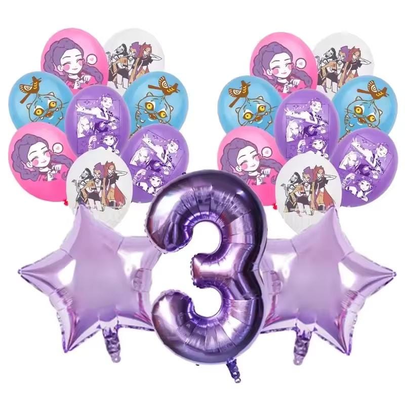 19-Piece K-Pop Anime Birthday Balloon Set 19pc | Purple Number & Star Balloons
