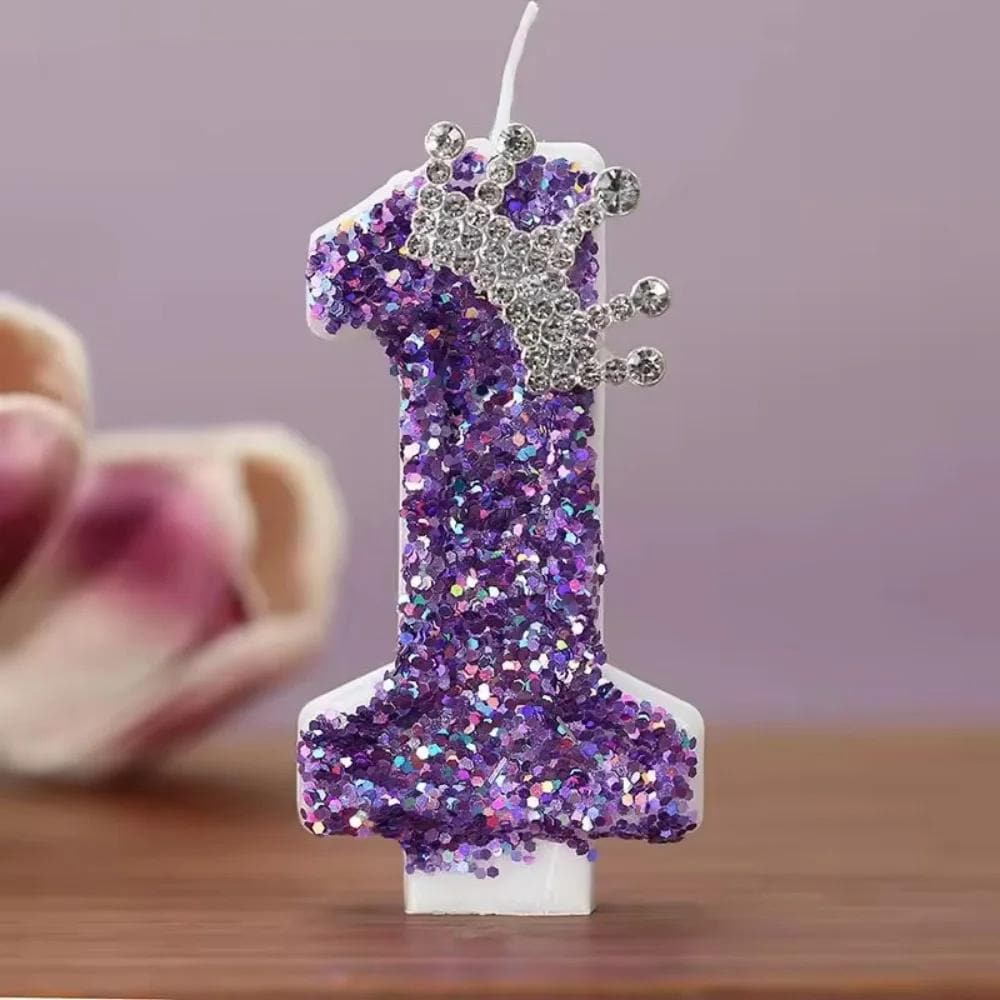 Purple Birthday Candle With Silver Crown Tiara | Glitter Number Cake Topper for Girls