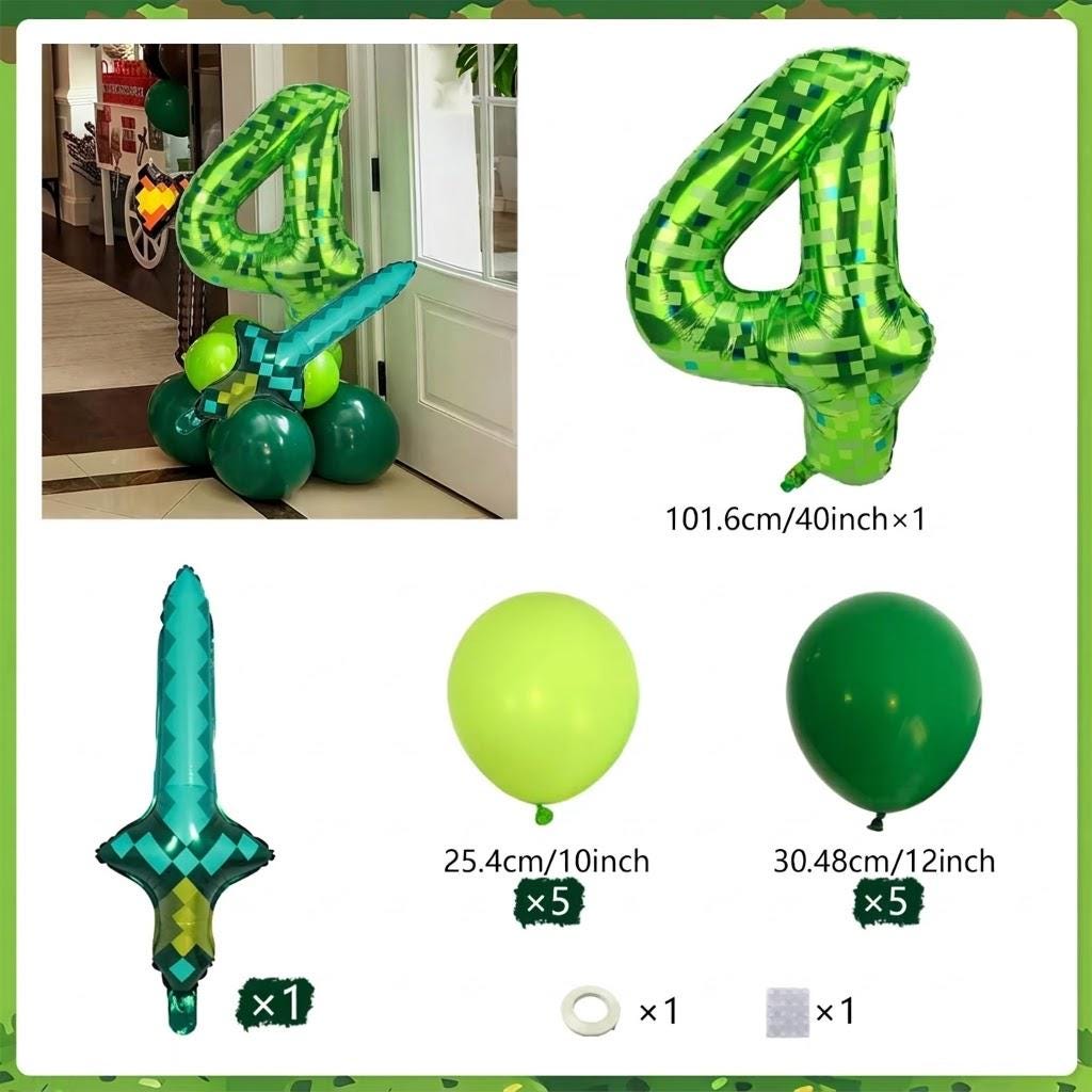 Green Pixel Number Balloon Set, Gamer Birthday Party Decorations