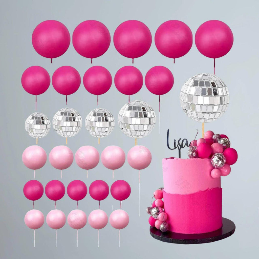 30-piece Hot Pink Disco Ball Cake Toppers, Glam Party Decorations