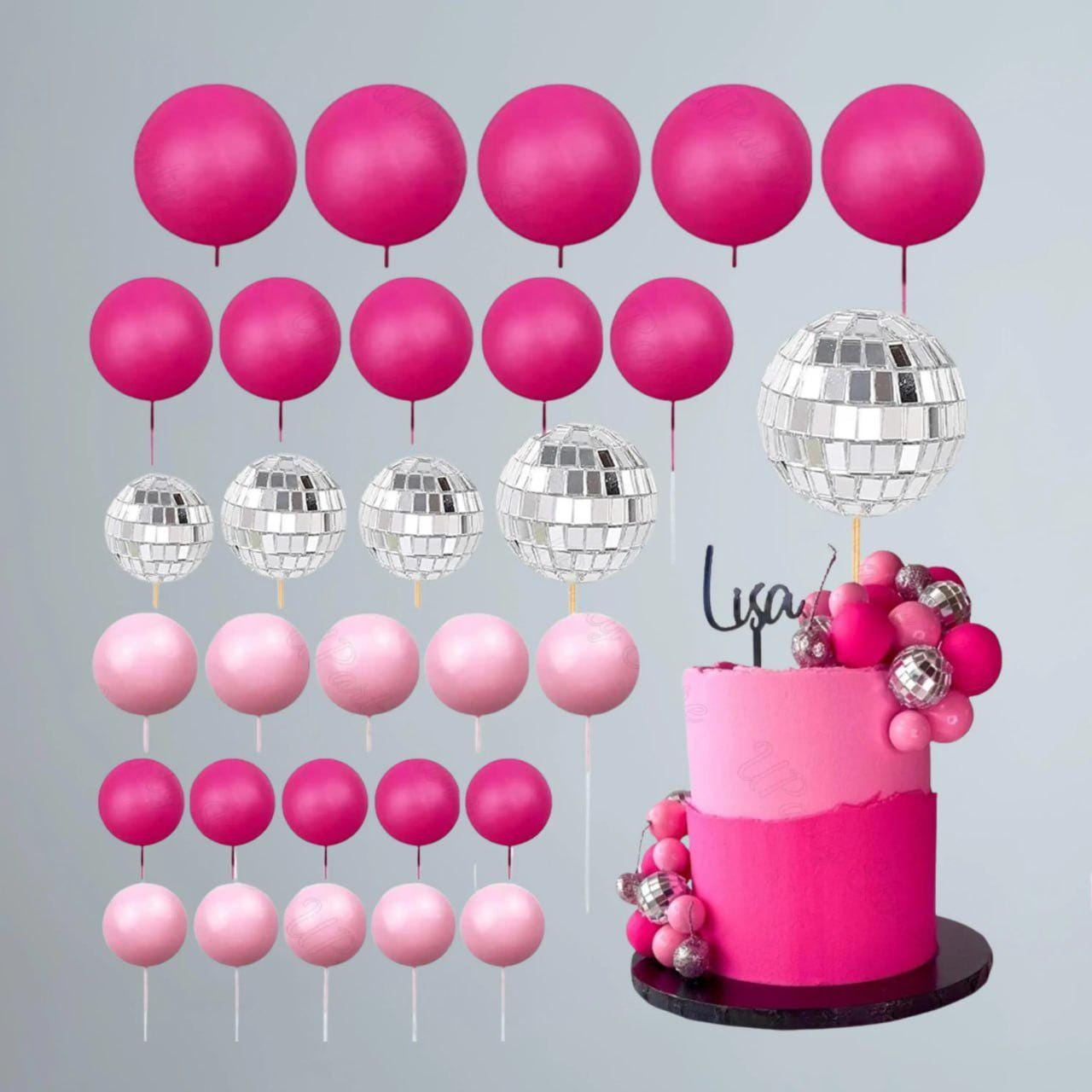 30-piece Hot Pink Disco Ball Cake Toppers, Glam Party Decorations