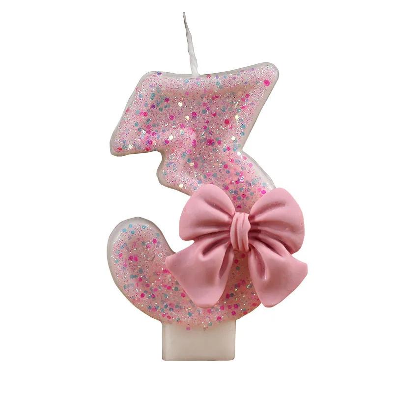 Pink Bow Coquette Number Birthday Candle, Glitter Sparkle Party Decor Cake Topper