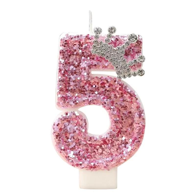 Pink Princess Birthday Candle With Silver Crown Tiara | Glitter Number Cake Topper for Girls