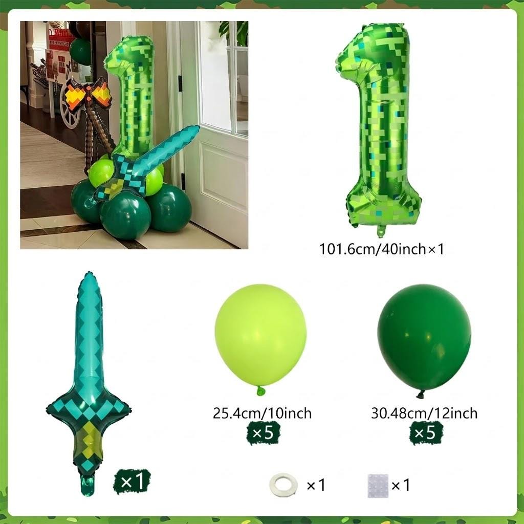 Green Pixel Number Balloon Set, Gamer Birthday Party Decorations