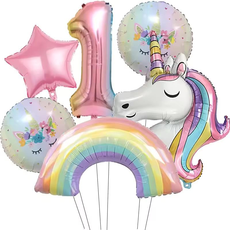 6-Piece Rainbow Unicorn Number Balloon Set: Princess Birthday Party Decor