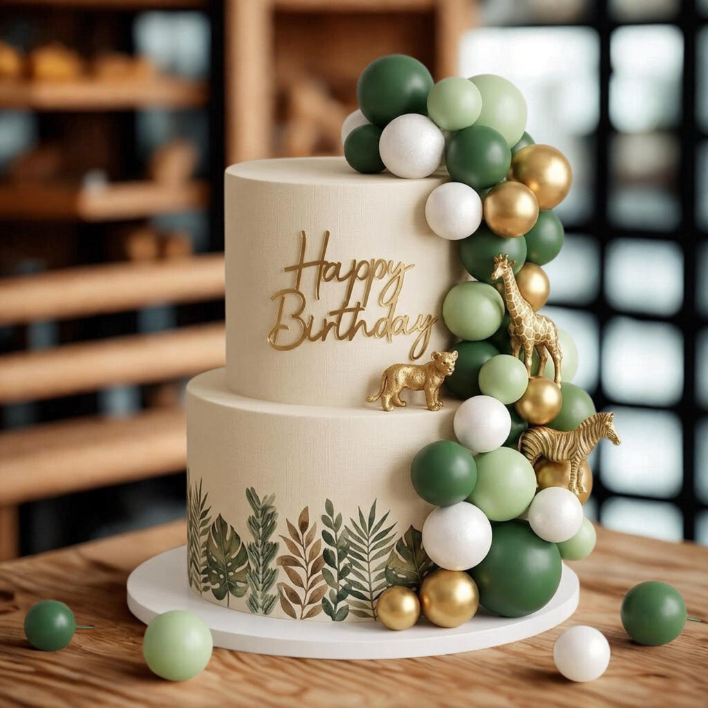 32-Piece Forest Green Ball Cake Toppers, Wild One Birthday, Woodland Baby Shower, Jungle Decorations
