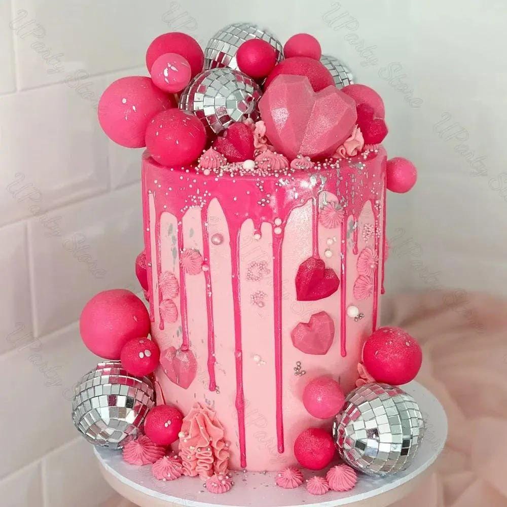 30-piece Hot Pink Disco Ball Cake Toppers, Glam Party Decorations
