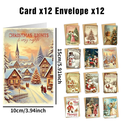 12 Pack Vintage Christmas Cards with Envelope: Retro Holiday Card Set