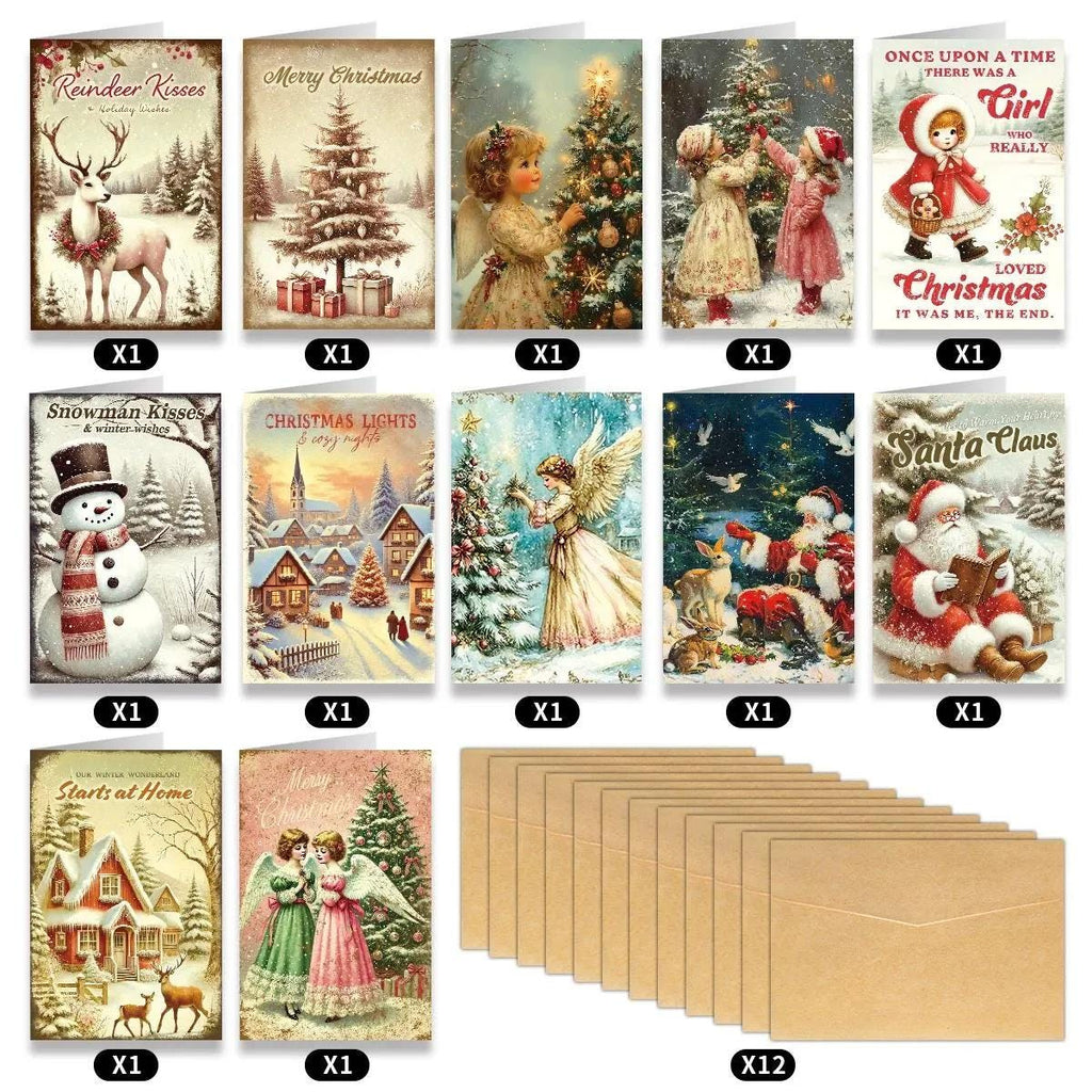 12 Pack Vintage Christmas Cards with Envelope: Retro Holiday Card Set
