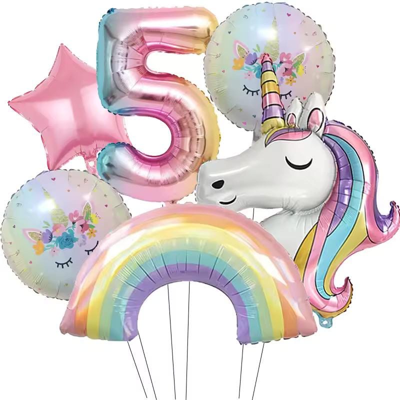 6-Piece Rainbow Unicorn Number Balloon Set: Princess Birthday Party Decor