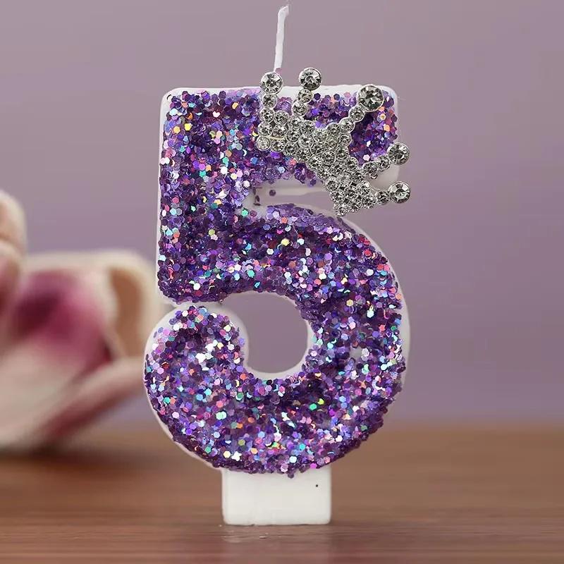 Purple Birthday Candle With Silver Crown Tiara | Glitter Number Cake Topper for Girls