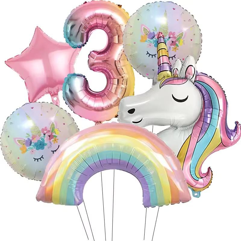 6-Piece Rainbow Unicorn Number Balloon Set: Princess Birthday Party Decor