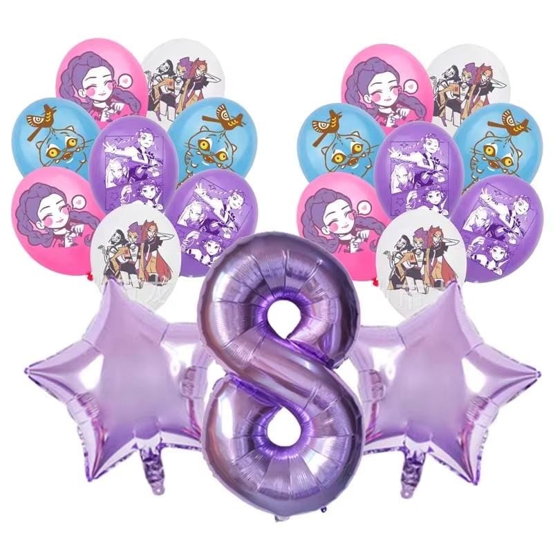 19-Piece K-Pop Anime Birthday Balloon Set 19pc | Purple Number & Star Balloons